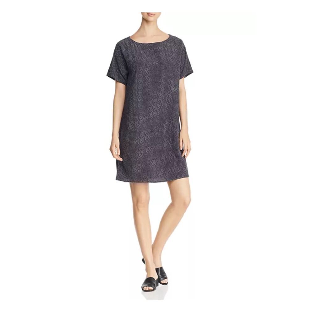Eileen Fisher Black Dk.Gray&White Morse Code Print Crepe Shift Dress Sz.L
